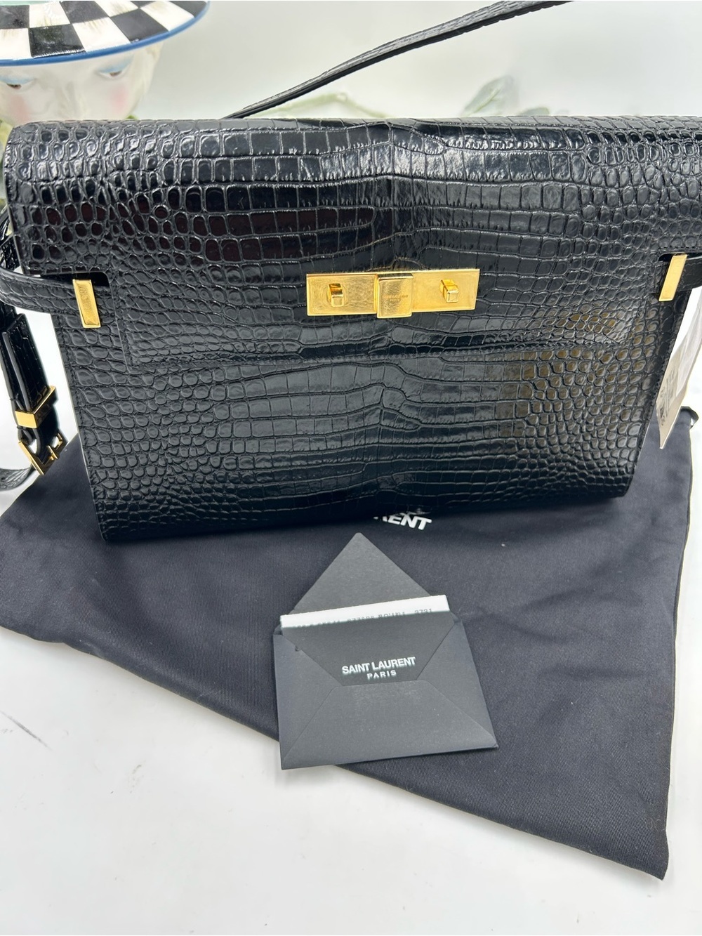 Saint Laurent Manhattan Croc-Embossed Leather Shoulder Bag with Gold-Tone Hardwa - Picture 9 of 14